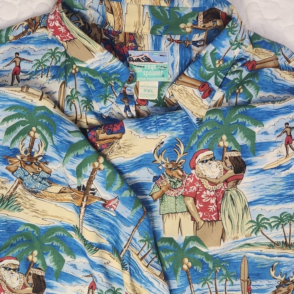 XXL VTG Reyn Spooner Christmas Hawaiian Shirt Santa Clause HULA GIRL (Pressed) *